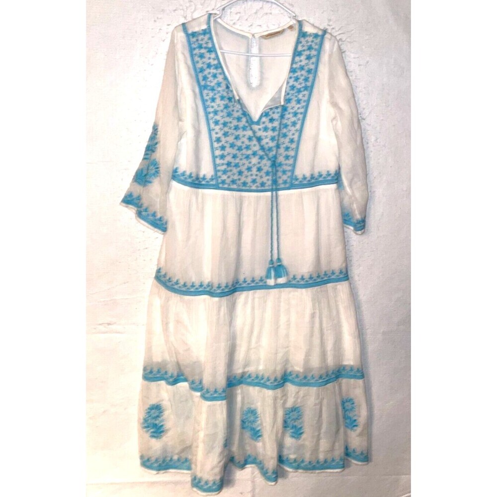 Soft Surroundings Women's Juniper Embroidered Midi Dress White Blue M Gauze